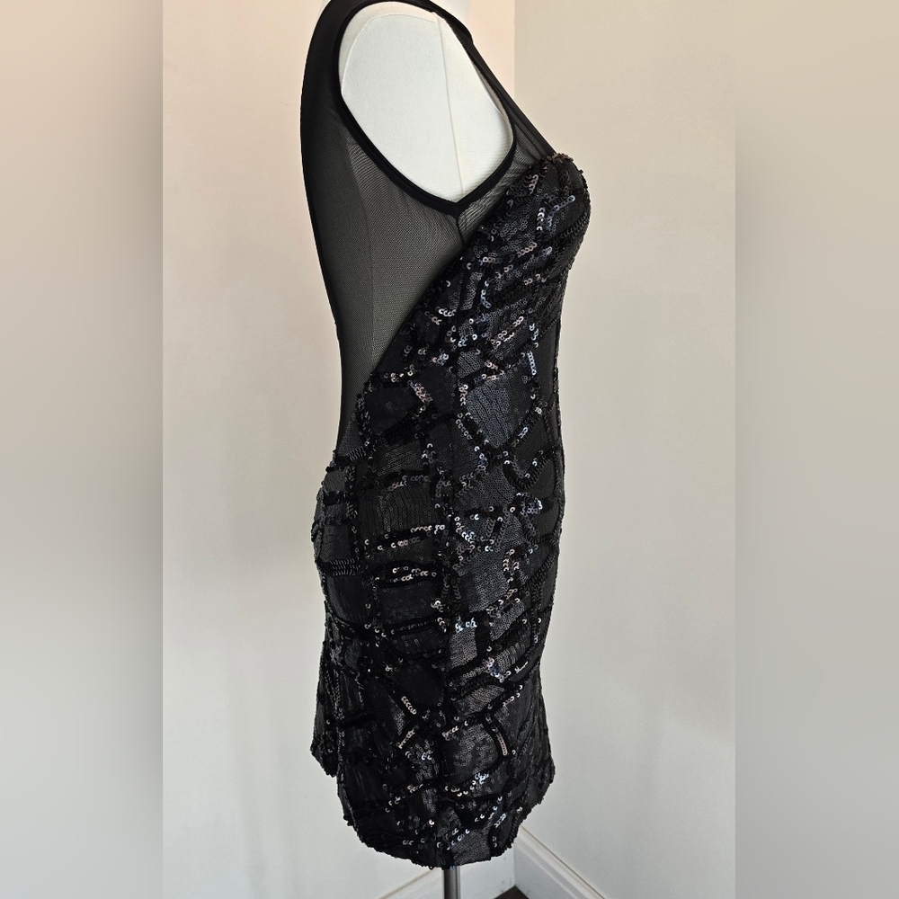 NWT Dress the Population Black Sequin Bodycon Mini Dress Mesh Neckline V Back XS - Picture 5 of 14